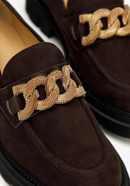 Women's suede moccasins with chain strap, dark brown, 97-D-104-Z-37, Photo 8