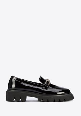 Patent leather loafers with glistening buckle, black, 95-D-520-1-39, Photo 1