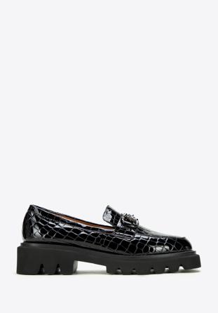 Patent leather loafers with glistening buckle, black-graphite, 97-D-505-1C-39, Photo 1