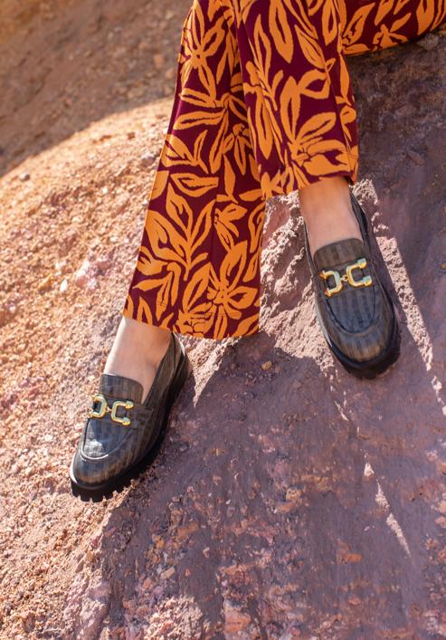 Women's leather moccasins with a metal buckle, green, 95-D-518-8-39, Photo 15