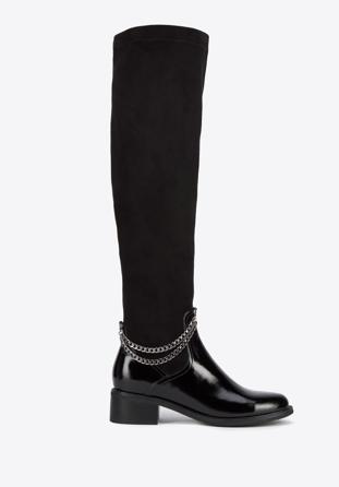 Women's leather over the knee boots with chain detail, black, 95-D-503-1-37, Photo 1