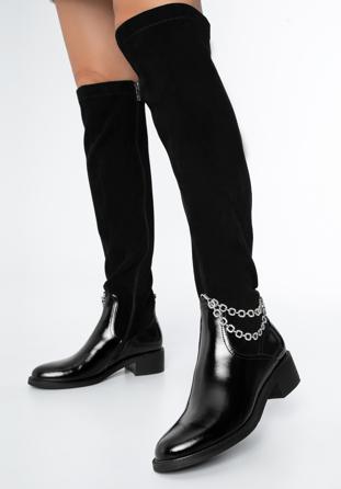 Women's leather over the knee boots with chain detail, black, 97-D-501-1L-35, Photo 1
