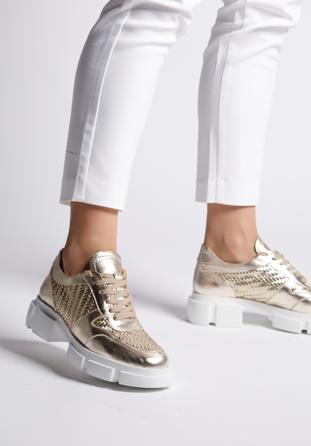 Damskie plecione sneakersy na platformie, złoty, 92-D-130-G-40, Zdjęcie 1