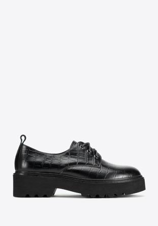 Croc-embossed leather lace up shoes, black, 95-D-522-1-37, Photo 1