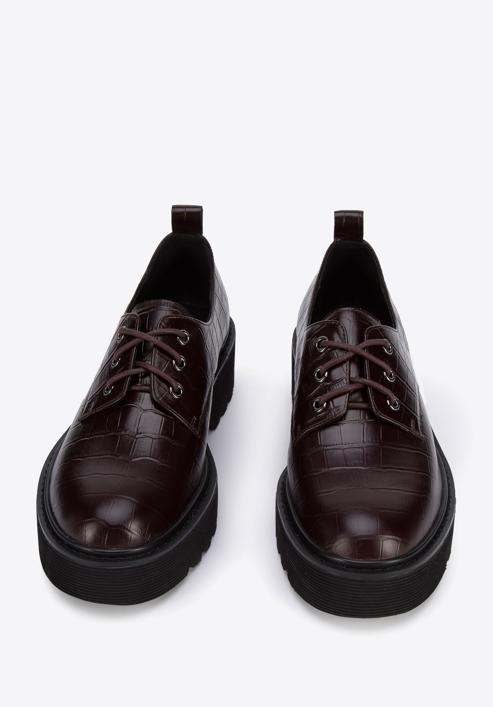 Croc-embossed leather lace up shoes, burgundy, 95-D-522-3-35, Photo 2
