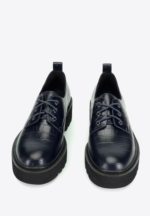 Croc-embossed leather lace up shoes, navy blue, 95-D-522-N-37, Photo 2