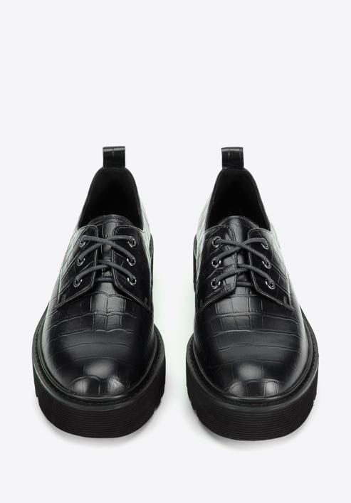 Croc-embossed leather lace up shoes, black, 95-D-522-N-41, Photo 3