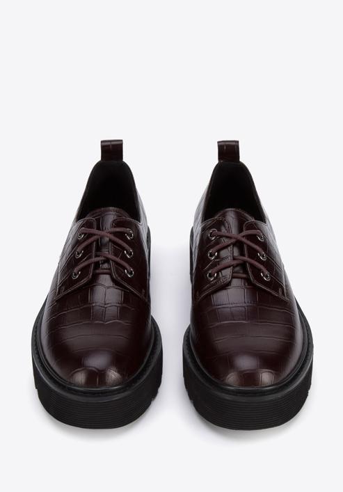 Croc-embossed leather lace up shoes, burgundy, 95-D-522-N-36, Photo 3