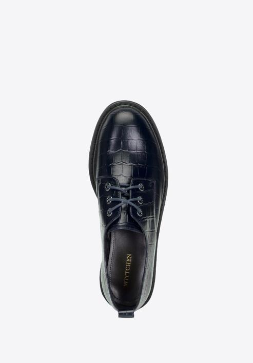 Croc-embossed leather lace up shoes, navy blue, 95-D-522-3-39, Photo 5