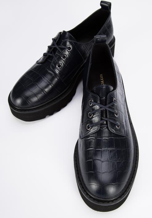 Croc-embossed leather lace up shoes, navy blue, 95-D-522-3-35, Photo 7