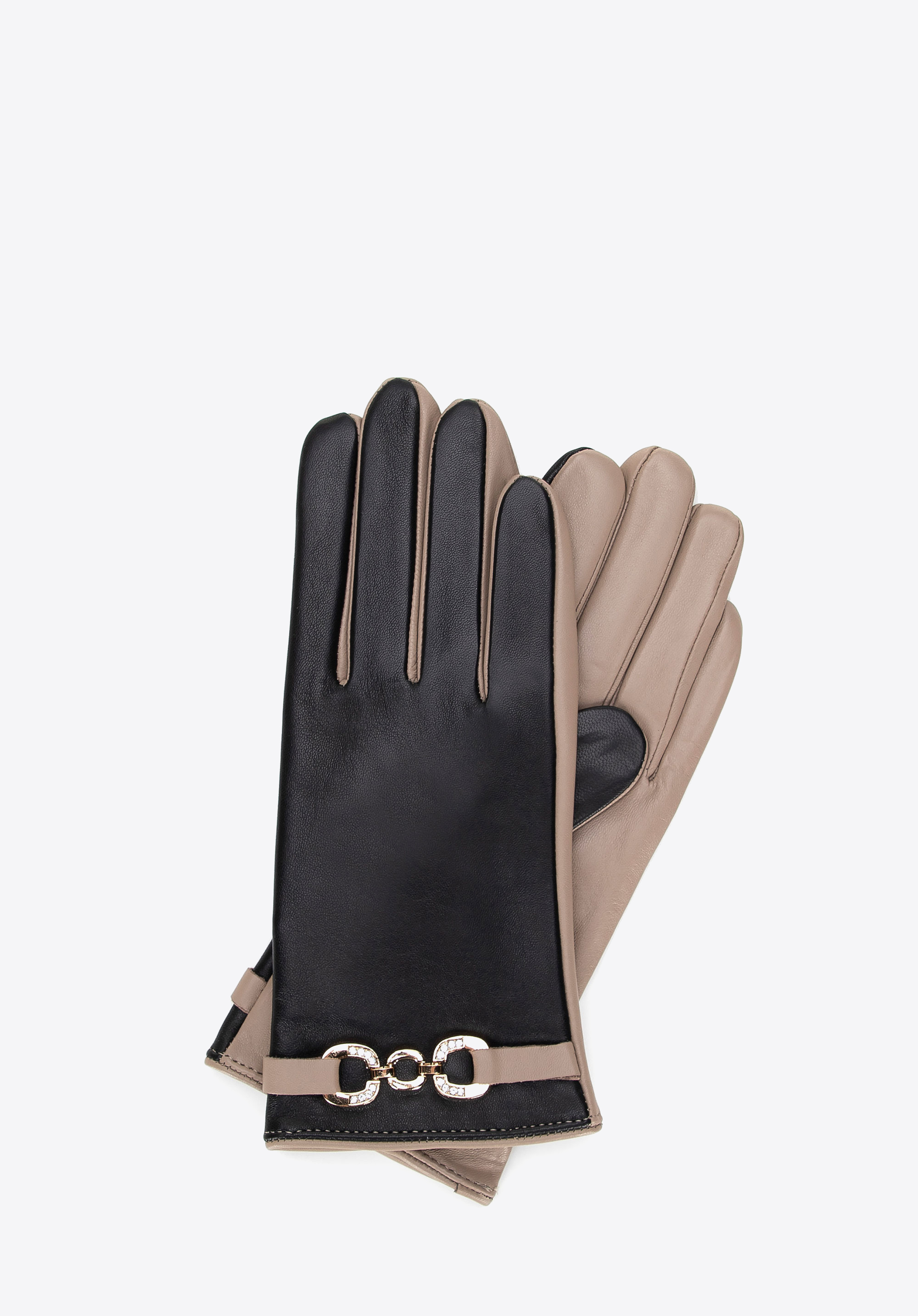 Women’s lined gloves with a decorative strap, black-beige, 39-6L-036-19-M, Photo 1