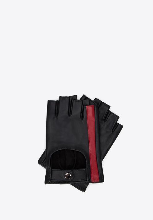 Damskie rękawiczki skórzane bez palców z ozdobnym paskiem, czarno-czerwony, 46-6L-311-A-S, Zdjęcie 1