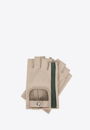 Damskie rękawiczki skórzane bez palców z ozdobnym paskiem, beżowo-zielony, 46-6L-311-A-S, Zdjęcie 1