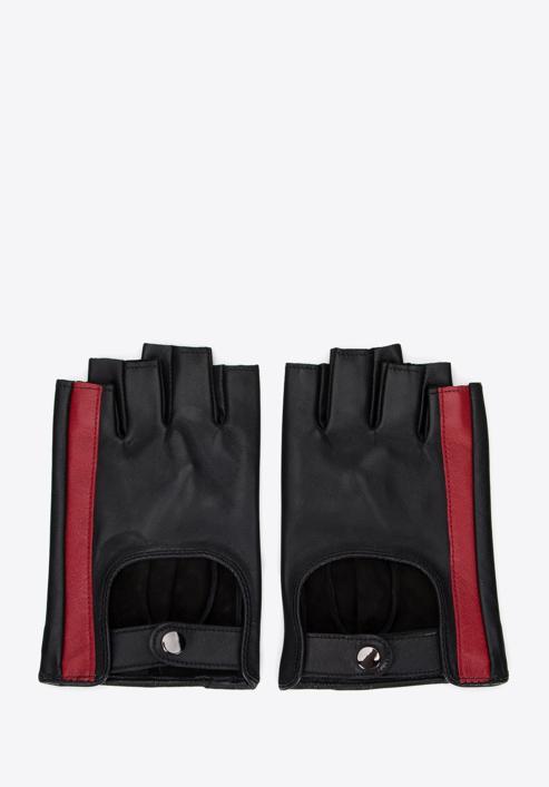 Damskie rękawiczki skórzane bez palców z ozdobnym paskiem, czarno-czerwony, 46-6L-311-1-S, Zdjęcie 3