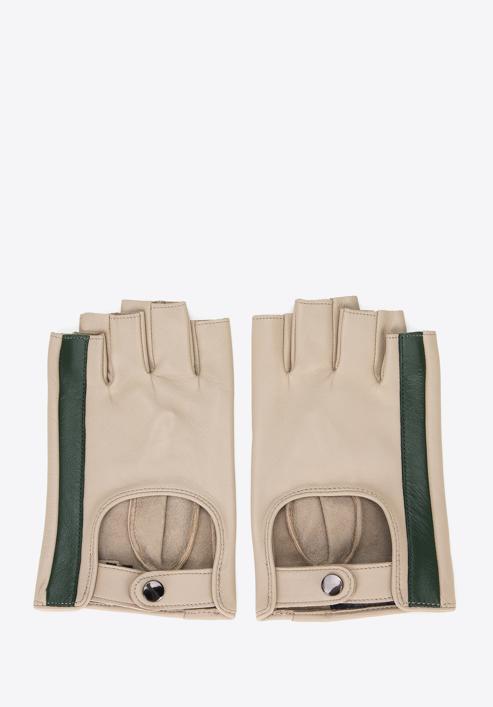 Damskie rękawiczki skórzane bez palców z ozdobnym paskiem, beżowo-zielony, 46-6L-311-1-L, Zdjęcie 3