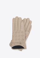 Damskie rękawiczki skórzane dziurkowane, jasny beż, 45-6-519-GC-L, Zdjęcie 1