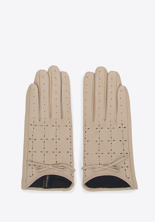 Damskie rękawiczki skórzane dziurkowane, jasny beż, 45-6-519-GC-M, Zdjęcie 3