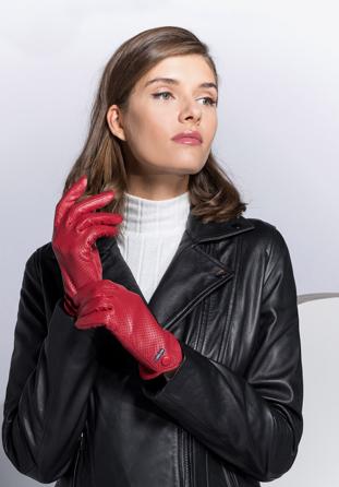 Damskie rękawiczki skórzane dziurkowane, czerwony, 45-6-522-2T-M, Zdjęcie 1