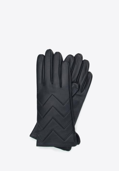 Damskie rękawiczki skórzane pikowane w zygzaki, czarny, 39-6A-008-2-S, Zdjęcie 1