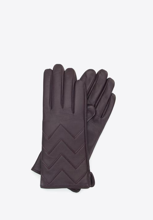 Damskie rękawiczki skórzane pikowane w zygzaki, ciemny brąz, 39-6A-008-2-XS, Zdjęcie 1
