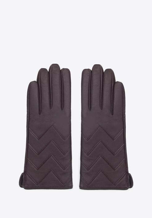 Damskie rękawiczki skórzane pikowane w zygzaki, ciemny brąz, 39-6A-008-1-M, Zdjęcie 3