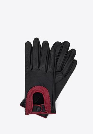 Damskie rękawiczki skórzane samochodowe z ozdobnym obszyciem, czarny, 46-6A-292-1-M, Zdjęcie 1