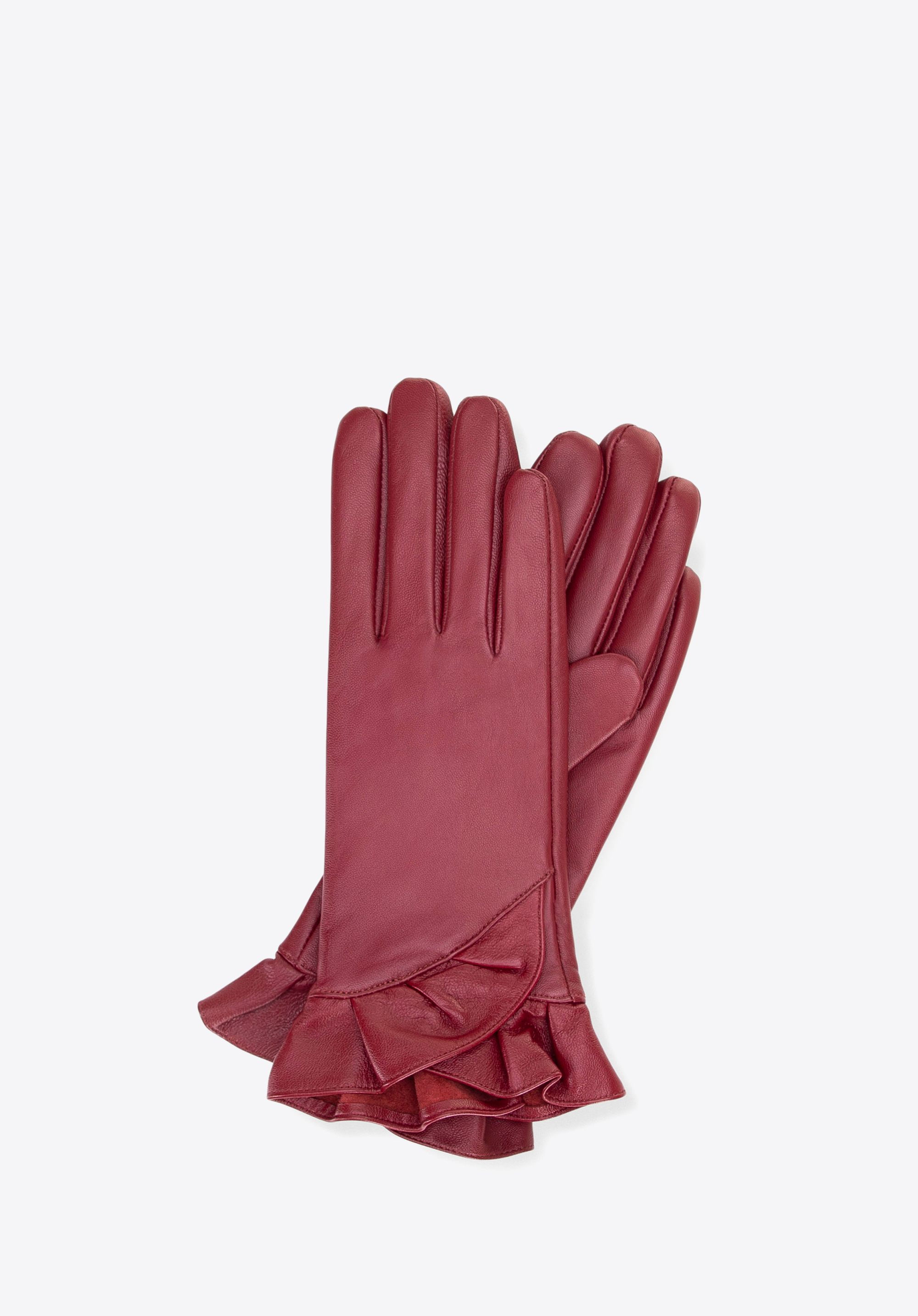 Damskie rękawiczki skórzane z dekoracyjną falbaną, bordowy, 39-6L-032-3-XS, Zdjęcie 1