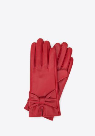 Women's leather gloves with a large bow detail, red, 39-6L-902-3-V, Photo 1