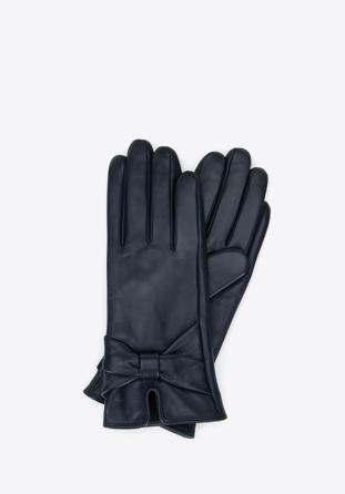 Women's leather gloves with a large bow detail, navy blue, 39-6L-902-GC-V, Photo 1