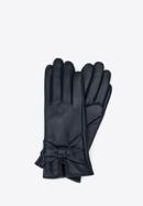 Women's leather gloves with a large bow detail, navy blue, 39-6L-902-3-M, Photo 1