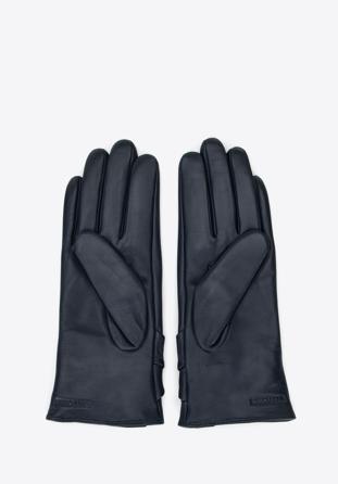 Women's leather gloves with a large bow detail, navy blue, 39-6L-902-GC-V, Photo 1