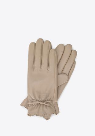 Damskie rękawiczki skórzane z falbanką i kokardką, beżowy, 39-6L-905-8-S, Zdjęcie 1