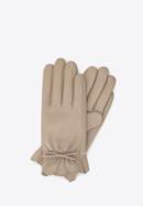Damskie rękawiczki skórzane z falbanką i kokardką, beżowy, 39-6L-905-3-S, Zdjęcie 1