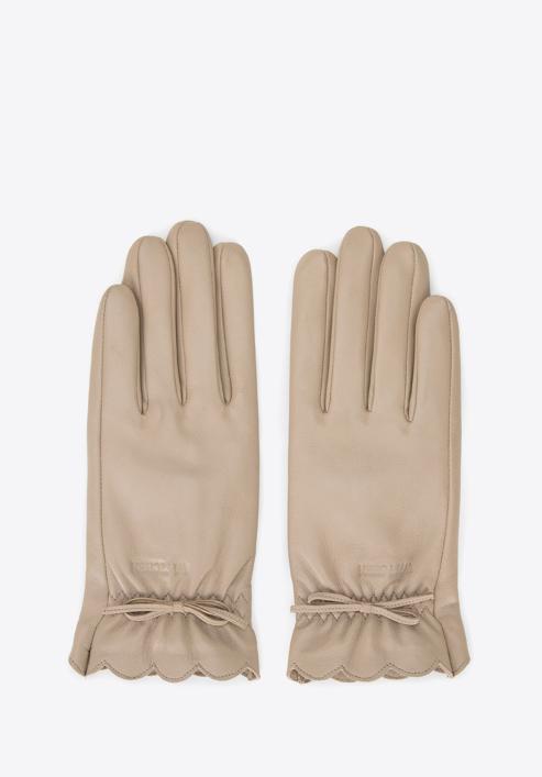 Damskie rękawiczki skórzane z falbanką i kokardką, beżowy, 39-6L-905-8-M, Zdjęcie 3