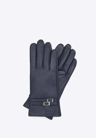 Women's buckle detail leather gloves, navy blue, 39-6A-013-7-XS, Photo 1