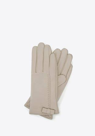 Damskie rękawiczki skórzane z kokardką, beżowy, 39-6-551-6A-V, Zdjęcie 1