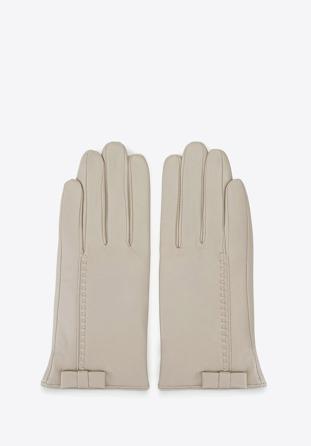 Damskie rękawiczki skórzane z kokardką, beżowy, 39-6-551-6A-V, Zdjęcie 1