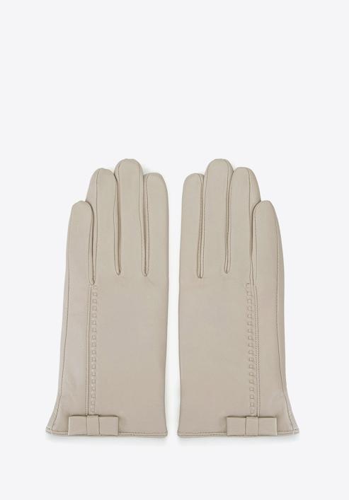 Damskie rękawiczki skórzane z kokardką, beżowy, 39-6-551-6A-S, Zdjęcie 2