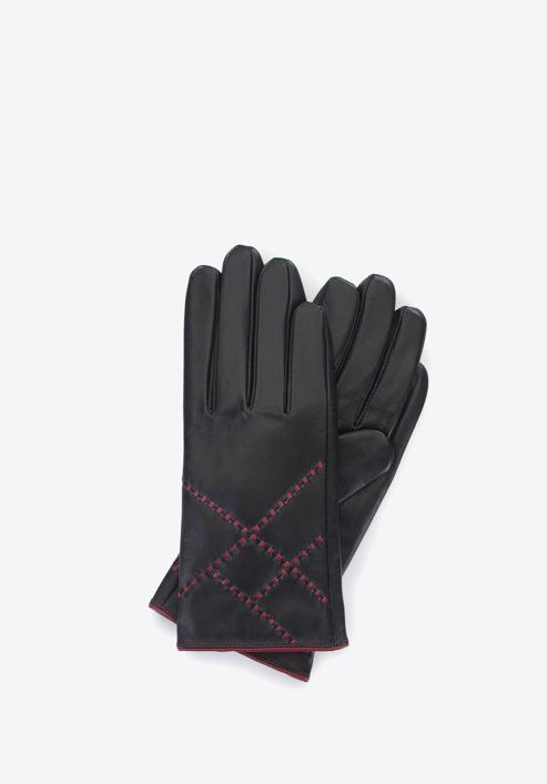 Damskie rękawiczki skórzane z kolorowym rzemieniem, czarny, 39-6-643-1-M, Zdjęcie 1