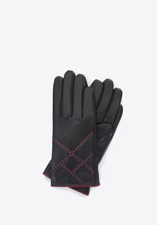 Damskie rękawiczki skórzane z kolorowym rzemieniem, czarny, 39-6-643-1-S, Zdjęcie 1