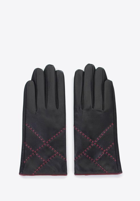 Damskie rękawiczki skórzane z kolorowym rzemieniem, czarny, 39-6-643-1-M, Zdjęcie 3