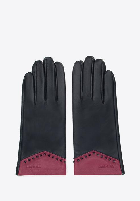 Damskie rękawiczki skórzane z koralikami, czarno-różowy, 45-6A-002-1-S, Zdjęcie 3