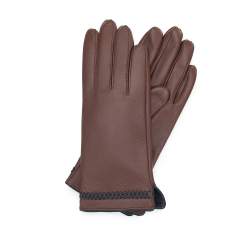 Damskie rękawiczki skórzane z obszyciem w kłos, brązowy, 39-6A-011-5-L, Zdjęcie 1