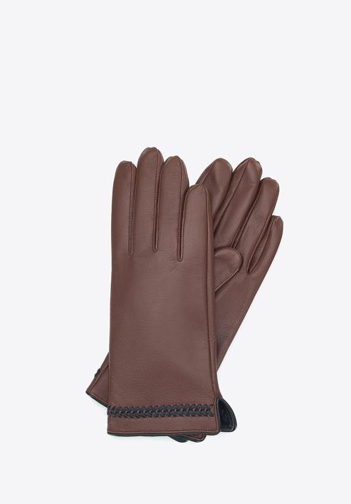 Women's leather gloves with stitch detail, brown, 39-6A-011-5-XS, Photo 1