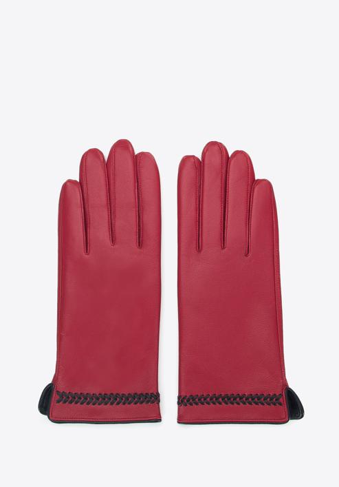 Damskie rękawiczki skórzane z obszyciem w kłos, czerwony, 39-6A-011-3-S, Zdjęcie 3
