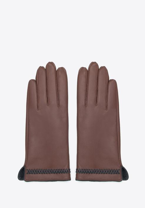 Damskie rękawiczki skórzane z obszyciem w kłos, brązowy, 39-6A-011-3-S, Zdjęcie 3