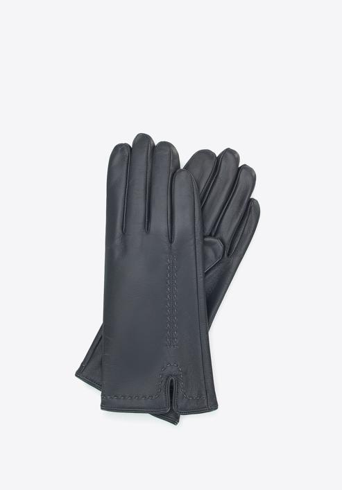 Damskie rękawiczki skórzane z ozdobnym stębnowaniem, ciemny  szary, 39-6A-007-1-L, Zdjęcie 1