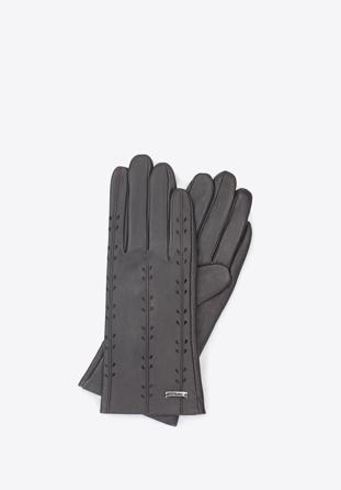 Damskie rękawiczki skórzane z ozdobnymi przeszyciami, ciemny brąz, 45-6-235-BB-M, Zdjęcie 1