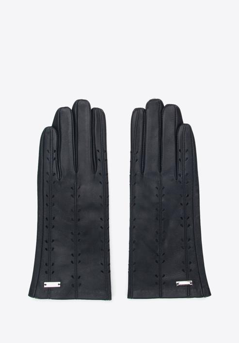 Damskie rękawiczki skórzane z ozdobnymi przeszyciami, czarny, 45-6-235-1-V, Zdjęcie 3