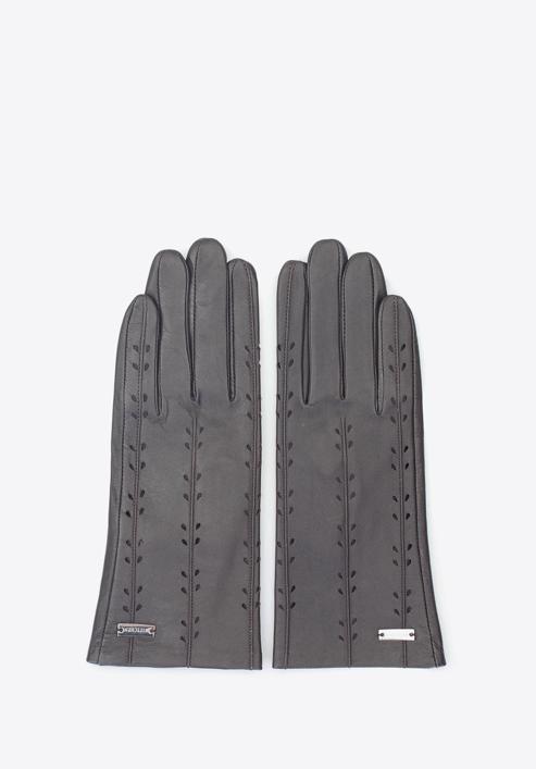 Damskie rękawiczki skórzane z ozdobnymi przeszyciami, ciemny brąz, 45-6-235-1-X, Zdjęcie 3